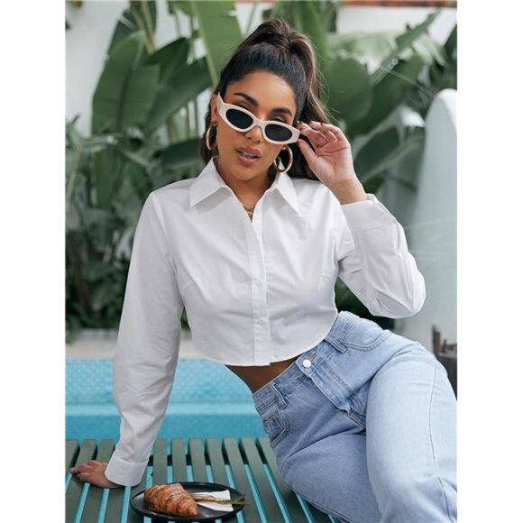 Women's Casual Button Down Long Sleeve Curved Hem Blouse Crop Tops - Picture 3 of 7